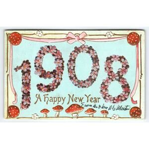 1908 Vintage New Year Postcard Floral 1908 Mushrooms Greeting Large Numbers